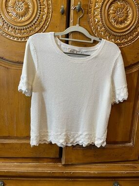 Elle Cream Short-Sleeve Textured Knit Top with Scalloped Edges
